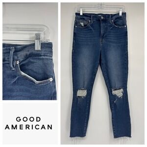 Good American Good Waist High Rise Distressed Raw Hem Skinny Jeans Size 10‎